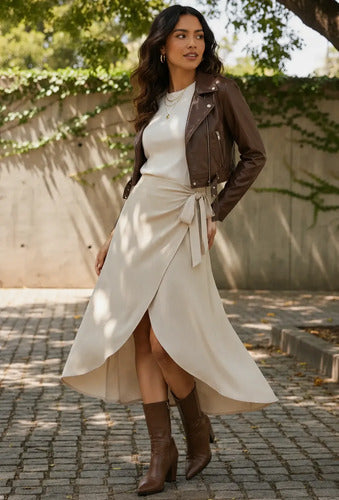 Saia Envelope Midi Linho Transpassada Feminina