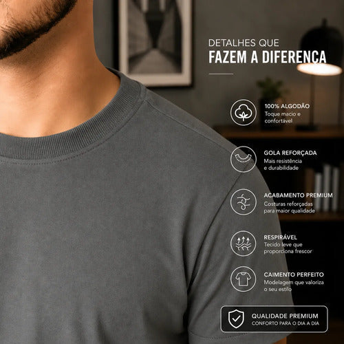 Kit 3 Camiseta Básica 100% Algodão Premium Lisa Casual Macio