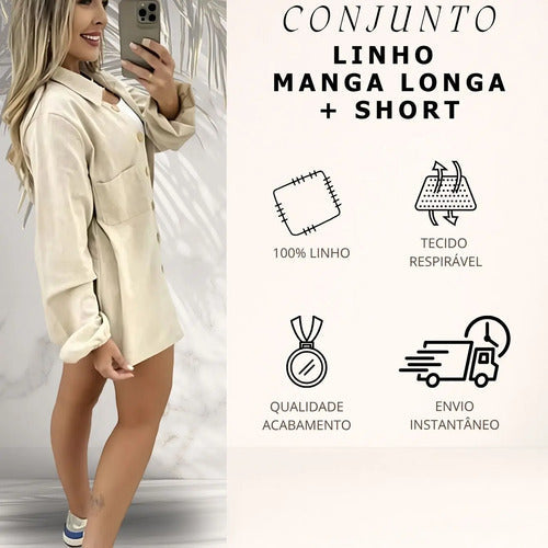 Conjunto Linho Feminino Camisa E Short Linha Premium