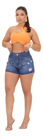 Short Jeans Feminino Strass Brilho Aplicaçao Cintura Alta