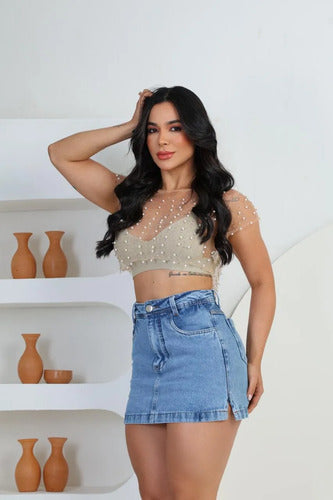 Short Saia Jeans Premium Feminino Cintura Alta Moda Casual