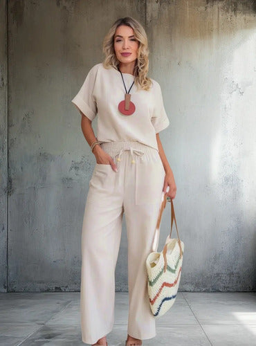 Conjunto Feminino Casual Blusa E Pantolana Bianca Crú
