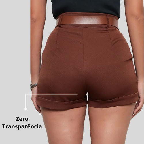 Short Alfaiataria Casual Curto Com Cinto E Bolsos Tendência
