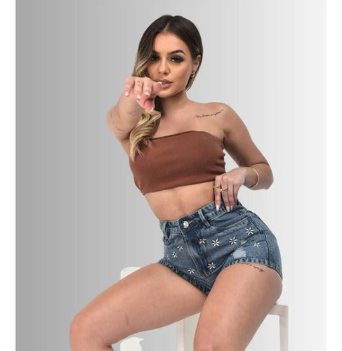 Short Jeans Mom Feminino Boyfriend Bordado Cintura Alta 100%