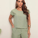 Conjunto Short Blusa Linho Cintura Alta C/ Elástico Feminino