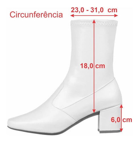 Bota Branca Feminina Stretch Bico Quadrado Salto Grosso