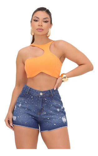 Short Jeans Feminino Strass Brilho Aplicaçao Cintura Alta
