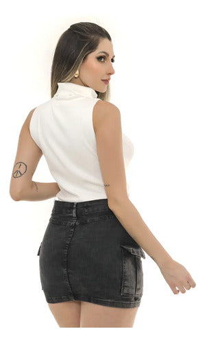 Saia Cargo Jeans Feminina Marmorizada Lycra Empina Bumbum