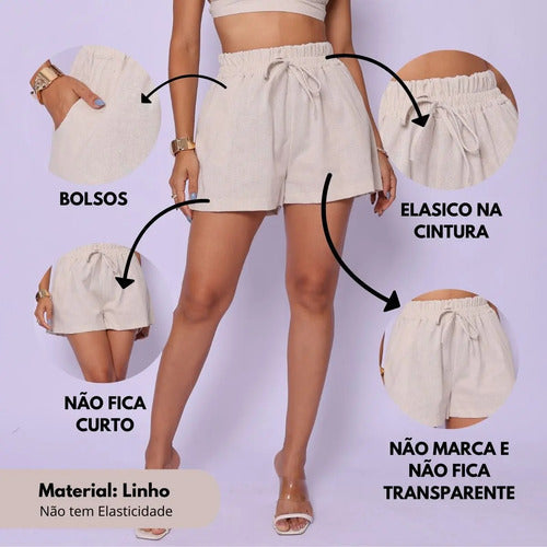 Shortinho Feminino Short Em Linho Cintura Alta Bermuda Verão