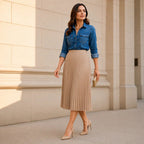 Saia Midi Plissada Bege Cintura Alta Moda Evangélica Elegant