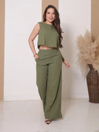 Conjunto Alfaiataria Calça Pantalona E Cropped Linho