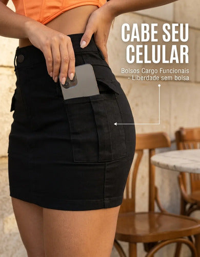 Saia Cargo Feminina Cintura Alta Com Lycra Levanta Bumbum