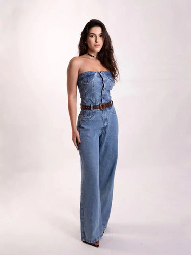 Macacão Jeans Feminino Tomara Que Caia Cintura Alta