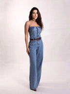 Macacão Jeans Feminino Tomara Que Caia Cintura Alta