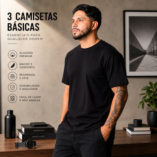 Kit 3 Camiseta Básica 100% Algodão Premium Lisa Casual Macio