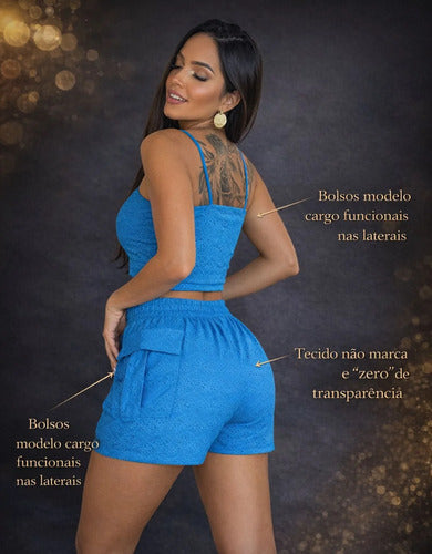 Conjunto Feminino Cropped Top E Short Cós Alto Verão Casual