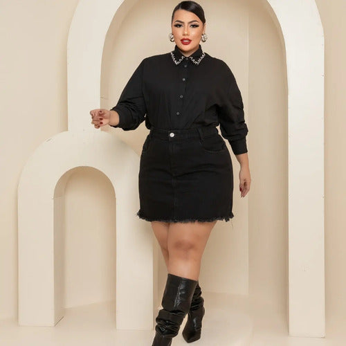 Saia Jeans Preta Plus Size Cintura Alta Barra Desfiada