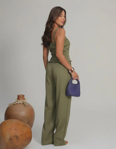 Conjunto Blusa Alça Zíper Pantalona Reta Elegante Festa Luxo