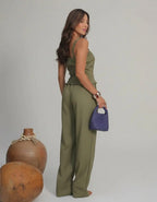 Conjunto Blusa Alça Zíper Pantalona Reta Elegante Festa Luxo