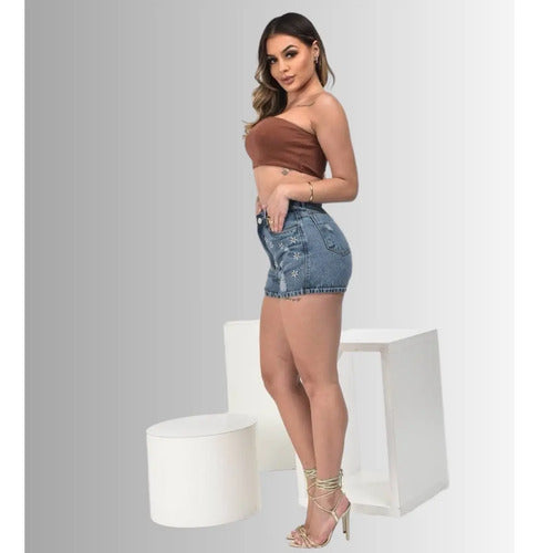 Short Jeans Mom Feminino Boyfriend Bordado Cintura Alta 100%