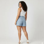 Short Jeans Plus Size Bordado Barra Feita Cintura Alta Liso