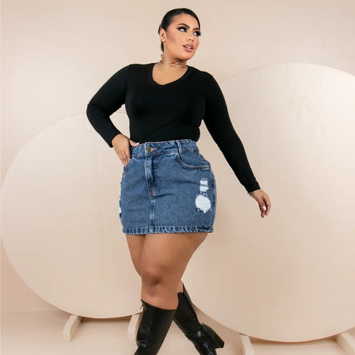 Saia Jeans Feminina Plus Size Contura Alta Barra Feita