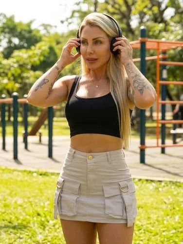 Short Saia Cargo Jeans Feminino Preto Cintura Alta