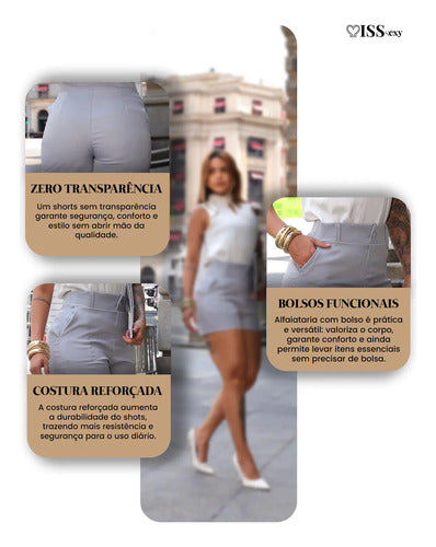 Shorts Alfaiataria Feminino Social Cintura Alta Bolsos Verão