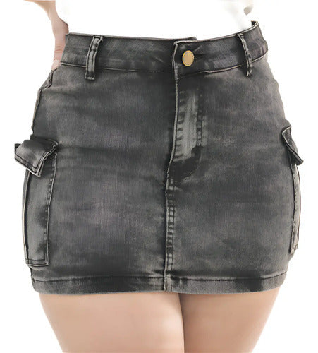 Saia Cargo Jeans Feminina Marmorizada Lycra Empina Bumbum