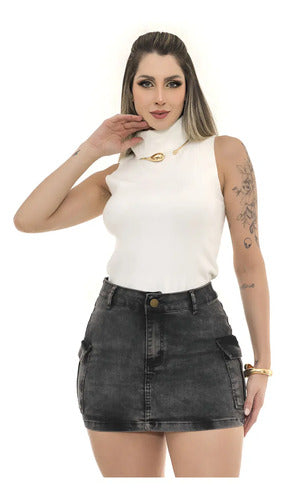 Saia Cargo Jeans Feminina Marmorizada Lycra Empina Bumbum