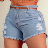 Short Jeans Plus Size Feminino Com Cinto Barra Desfiada