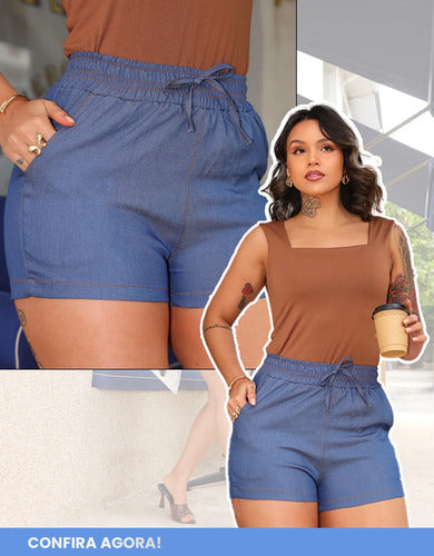 Shorts Jeans Feminino Fake Leve Com Elástico Cintura Alta