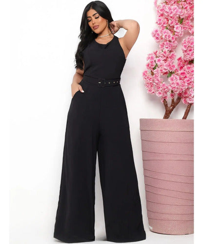 Macacão Regata Pantalona Com Cinto Forrado Decote V Duna