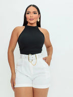 Short Alfaiataria Feminino Social Com Cinto Cintura Alta