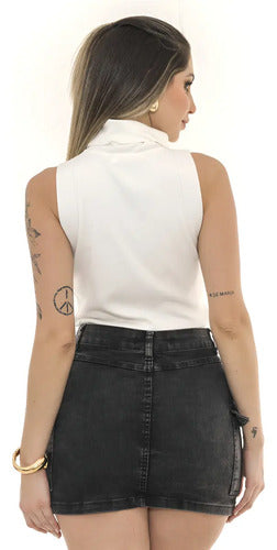 Saia Cargo Jeans Feminina Marmorizada Lycra Empina Bumbum