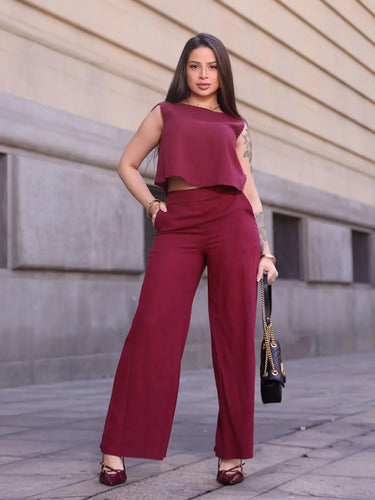 Conjunto Alfaiataria Calça Pantalona E Cropped Linho