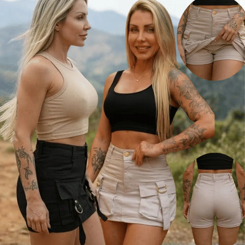 Short Saia Cargo Jeans Feminino Preto Cintura Alta