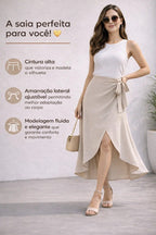 Saia Envelope Midi Linho Transpassada Feminina