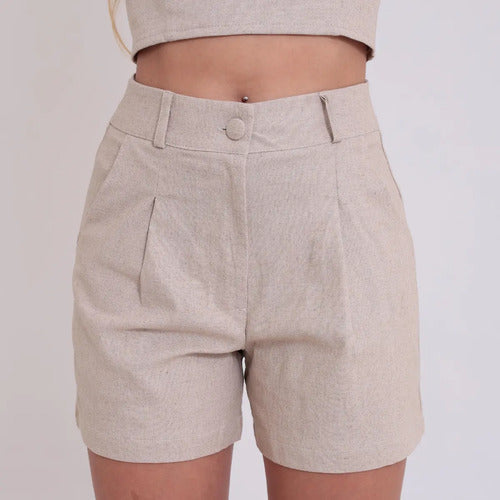 Short Feminino Alfaiataria Bolsos Cintura Alta Tendência