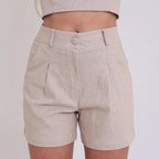 Short Feminino Alfaiataria Bolsos Cintura Alta Tendência