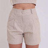 Short Feminino Alfaiataria Bolsos Cintura Alta Tendência