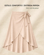 Saia Envelope Midi Linho Transpassada Feminina