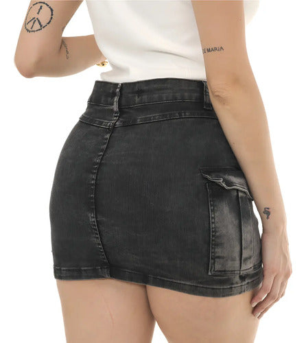Saia Cargo Jeans Feminina Marmorizada Lycra Empina Bumbum