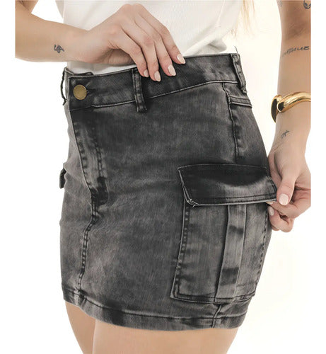 Saia Cargo Jeans Feminina Marmorizada Lycra Empina Bumbum