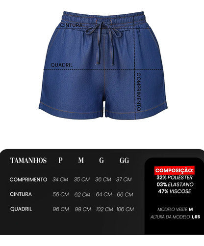 Shorts Jeans Feminino Fake Leve Com Elástico Cintura Alta