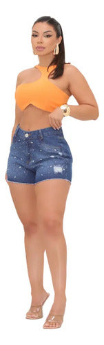 Short Jeans Feminino Strass Brilho Aplicaçao Cintura Alta
