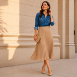 Saia Midi Plissada Bege Cintura Alta Moda Evangélica Elegant