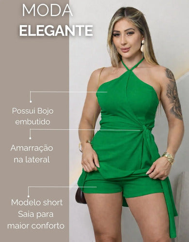 Macaquinho Short Saia Frente Única Com Bojo Acinturado Lindo
