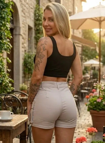 Short Saia Cargo Jeans Feminino Preto Cintura Alta
