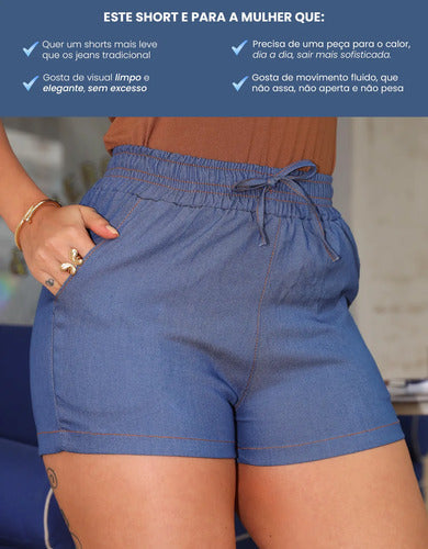 Shorts Jeans Feminino Fake Leve Com Elástico Cintura Alta
